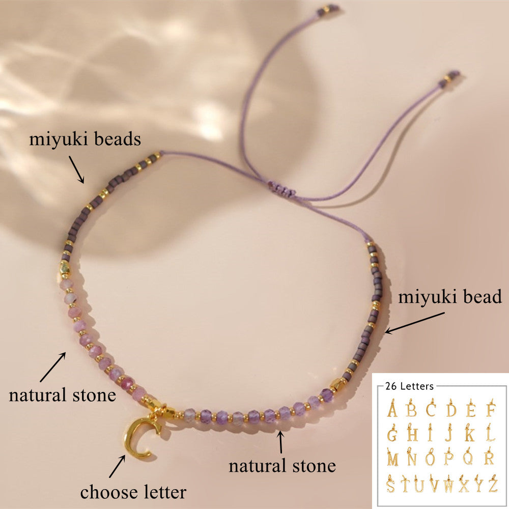 Bohemia Skinny Amethyst Letter Natural Stones & Miyuki Beads Bracelet, Handmade Boho Summer Jewelry AL824