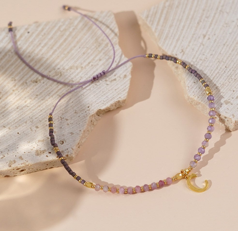 Bohemian Letter Amethyst Skinny Natural Stones & Miyuki Beads Bracelet, Handmade Boho Summer Jewelry AL824