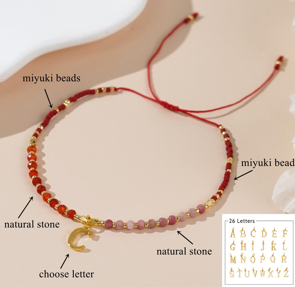 Bohemia Skinny Rhodonite Letter Natural Stones & Miyuki Beads Bracelet, Handmade Boho Summer Jewelry AL825