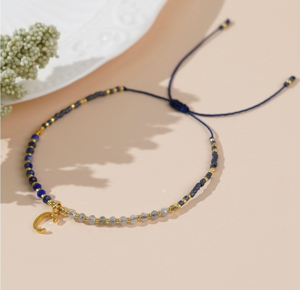 Bohemia Skinny Lapis Letter Natural Stones & Miyuki Beads Bracelet, Handmade Boho Summer Jewelry AL827