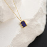 16" Stainless Steel Gold Rectangle Natural Lapis Lazuli Stone Charm Necklace AL833