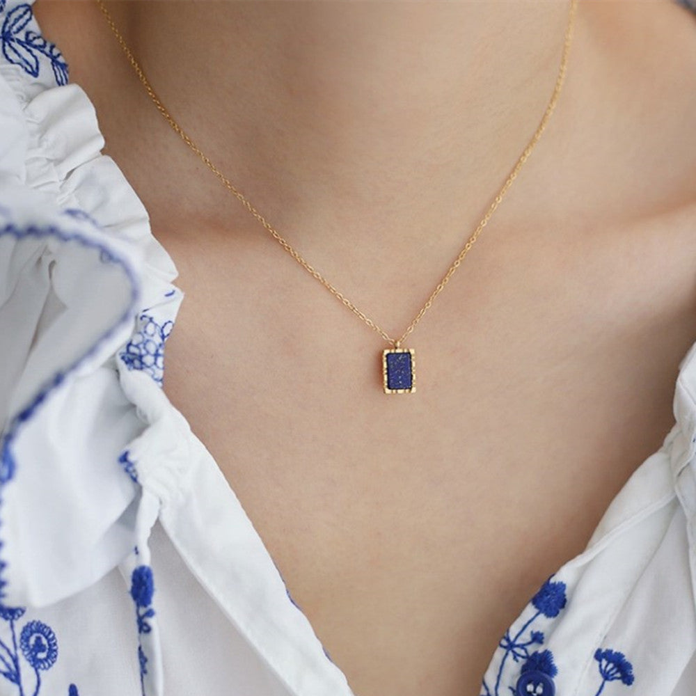 16" Stainless Steel Gold Rectangle Natural Lapis Lazuli Stone Charm Necklace AL833