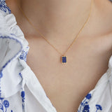 16" Stainless Steel Gold Rectangle Natural Lapis Lazuli Stone Charm Necklace AL833