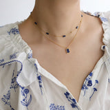 16" Stainless Steel Gold Rectangle Natural Lapis Lazuli Stone Charm Necklace AL833