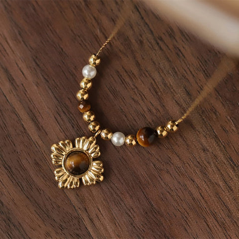 16" Stainless Steel Natural Tiger's Eye Flower Pearl Beads Gold Necklace, Lady Fashion Jewelry AL836