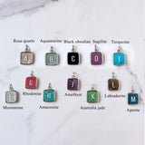 Personalized Letter Pendant, Silver Plated Bezel Square Amazonite Rose Quartz Rainbow Gemstone Letter Pendant, For DIY Jewelry Making KZ013