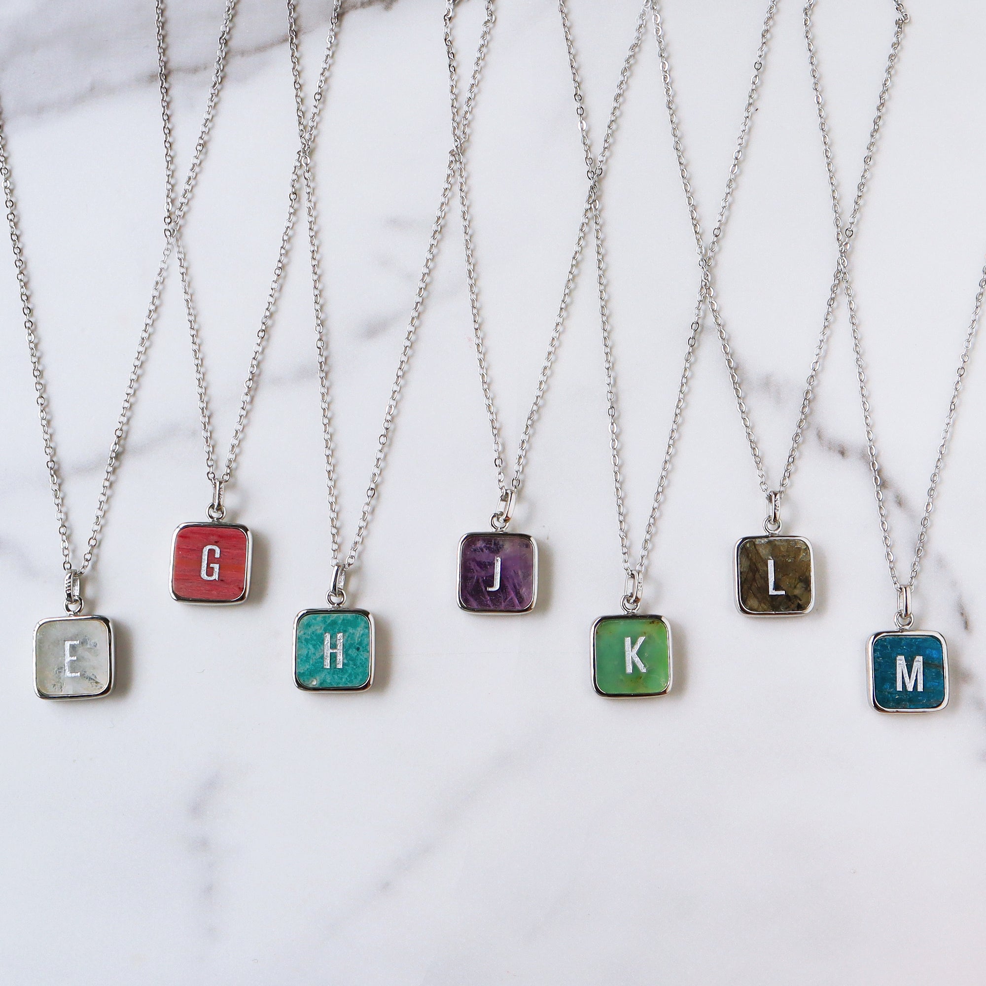 Personalized 16" Square Silver Plated Bezel Rainbow Gemstone Letter Necklace, You Choose Stone and Letter KZ013-N
