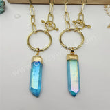 Raw Aqua Aura Quartz Titanium Blue Crystal Point Necklace Gold Ring Necklace, Paperclip Chain Boho Jewelry Necklace AL837