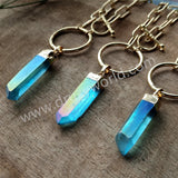 Raw Aqua Aura Quartz Titanium Blue Crystal Point Necklace Gold Ring Necklace, Paperclip Chain Boho Jewelry Necklace AL837