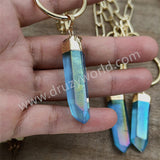 Raw Aqua Aura Quartz Titanium Blue Crystal Point Necklace Gold Ring Necklace, Paperclip Chain Boho Jewelry Necklace AL837