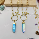 Raw Aqua Aura Quartz Titanium Blue Crystal Point Necklace Gold Ring Necklace, Paperclip Chain Boho Jewelry Necklace AL837