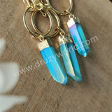 Raw Aqua Aura Quartz Titanium Blue Crystal Point Necklace Gold Ring Necklace, Paperclip Chain Boho Jewelry Necklace AL837