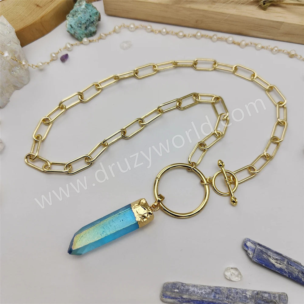 Gold Plated Raw Aqua Blue Aura Quartz Point Necklace, Paperclip Chain 30mm Circle Ring Boho Jewelry AL837
