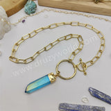 Raw Aqua Aura Quartz Titanium Blue Crystal Point Necklace Gold Ring Necklace, Paperclip Chain Boho Jewelry Necklace AL837