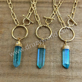 Raw Aqua Aura Quartz Titanium Blue Crystal Point Necklace Gold Ring Necklace, Paperclip Chain Boho Jewelry Necklace AL837