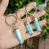 Raw Aqua Aura Quartz Titanium Blue Crystal Point Necklace Gold Ring Necklace, Paperclip Chain Boho Jewelry Necklace AL837