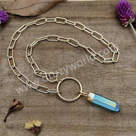 Raw Aqua Aura Quartz Titanium Blue Crystal Point Necklace Gold Ring Necklace, Paperclip Chain Boho Jewelry Necklace AL837