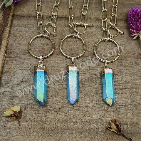 Raw Aqua Aura Quartz Titanium Blue Crystal Point Necklace Gold Ring Necklace, Paperclip Chain Boho Jewelry Necklace AL837