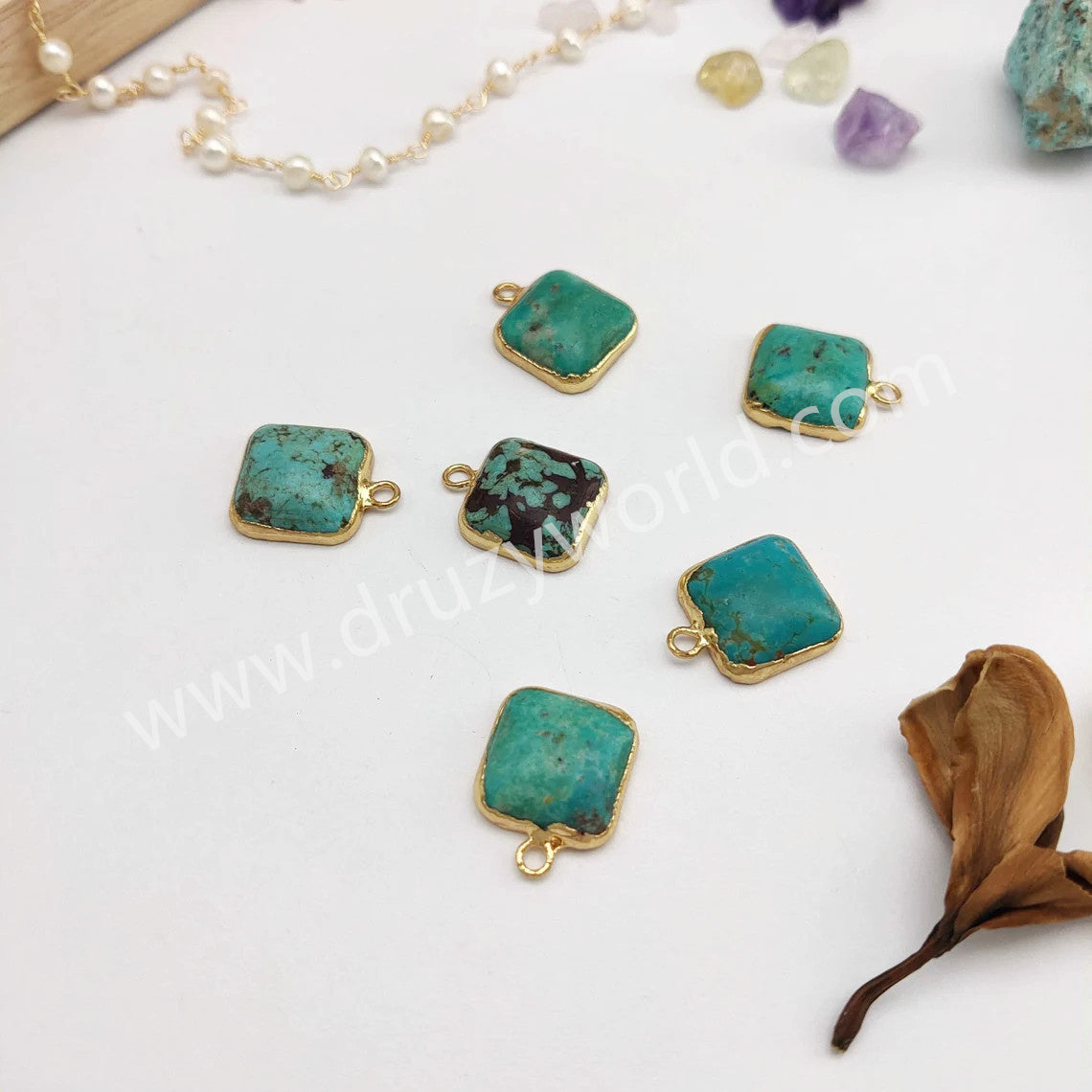 Gold Plated Square Curved Surface Natural Turquoise Charm G0628