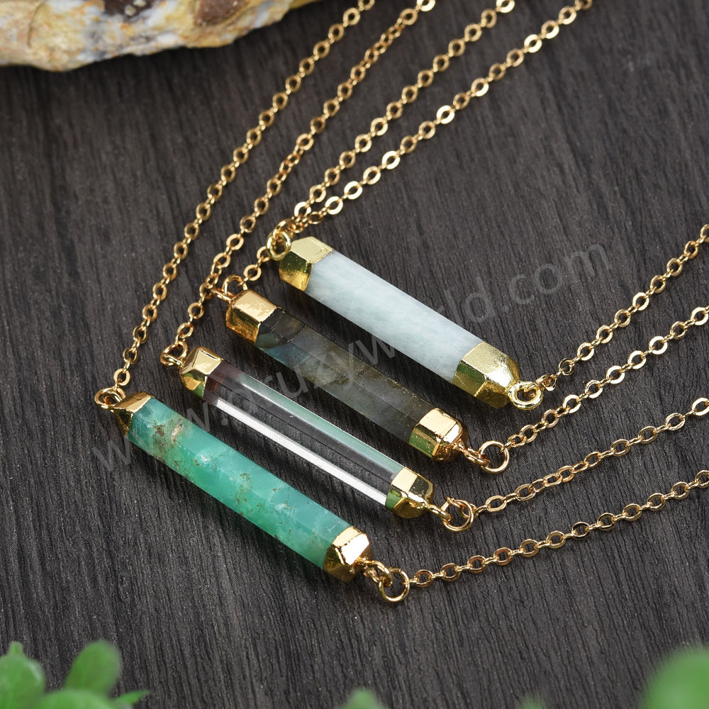 16" Gold Plated Multi Gemstone Crystal Faceted Bar Necklace Crystals Stone Necklace G0993-N