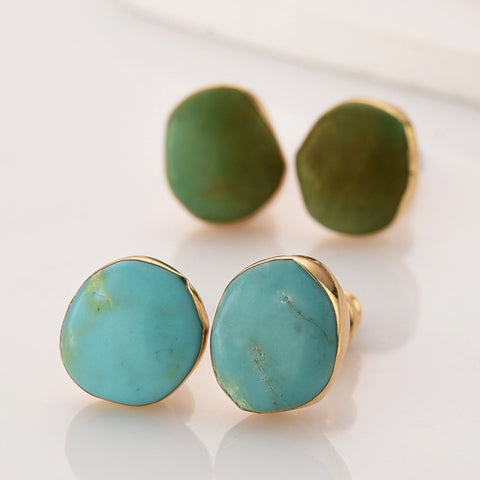 Gold Plated Natural Turquoise Irregular Stud Earrings, 925 Silver Post, Gemstone Studs For Women SS043-G