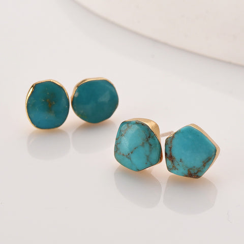 Gold Plated Natural Turquoise Irregular Stud Earrings, 925 Silver Post, Gemstone Studs For Women SS043-G