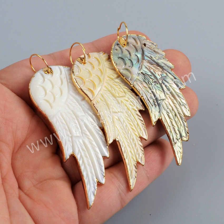 Gold Plated Natural Abalone Rainbow Shell Carved Wing Charm Pendant G1181