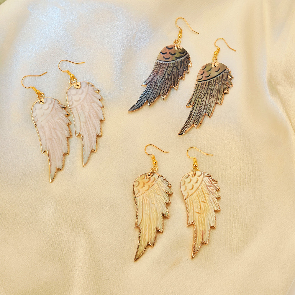 Big Gold Colorful Shells Wing Earrings White Shell Feather Earring, Boho Jewelry G1181-E