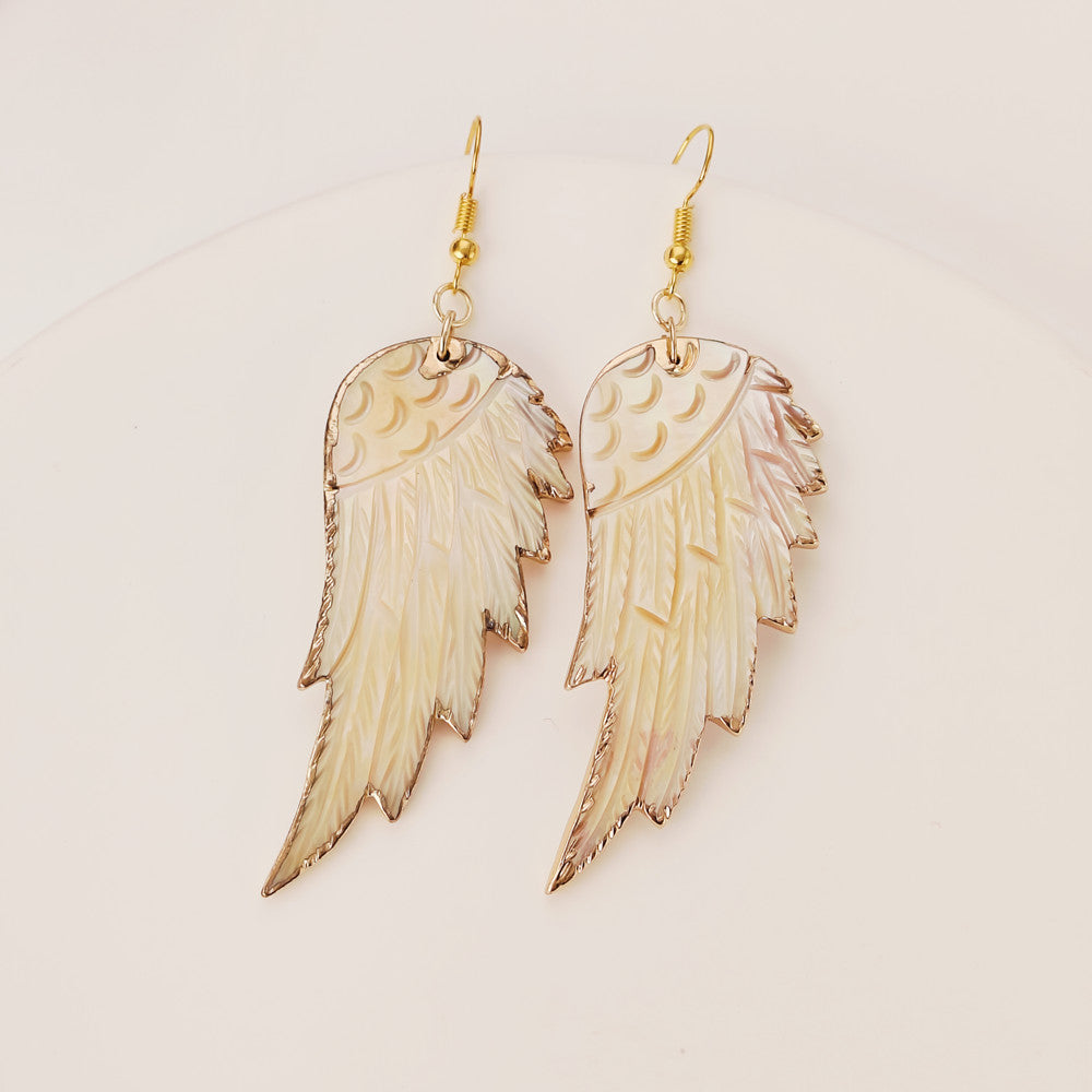 Big Gold Colorful Shells Wing Earrings White Shell Feather Earring, Boho Jewelry G1181-E