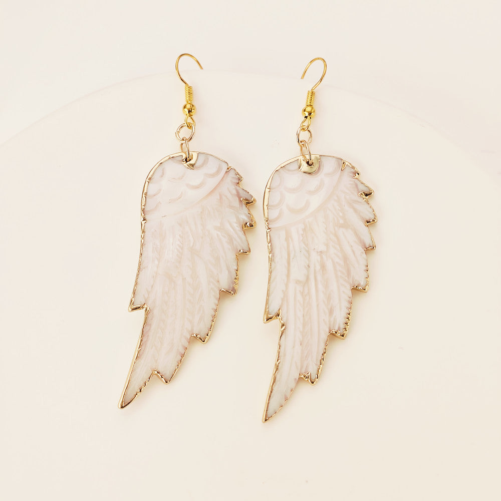 Big Gold Colorful Shells Wing Earrings White Shell Feather Earring, Boho Jewelry G1181-E