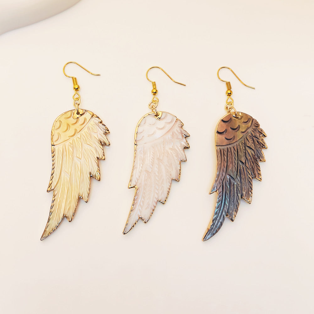 Big Gold Colorful Shells Wing Earrings White Shell Feather Earring, Boho Jewelry G1181-E