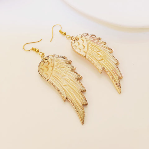 Gold Plated Natural Shell Wing Earrings, Big White Shell Feather Earring, Boho Jewelry G1181-E