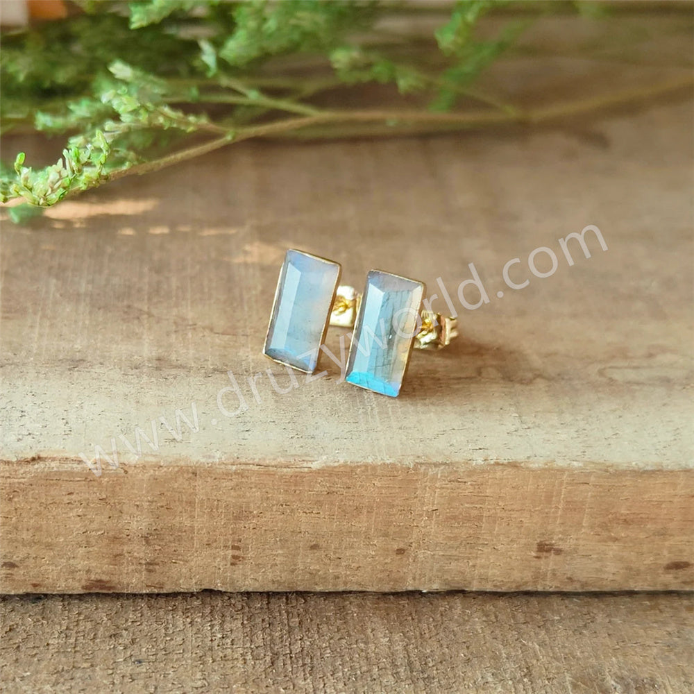 Gold Plated Rectangle Natural Labradorite Gemstone Faceted Stud Earrings G1298
