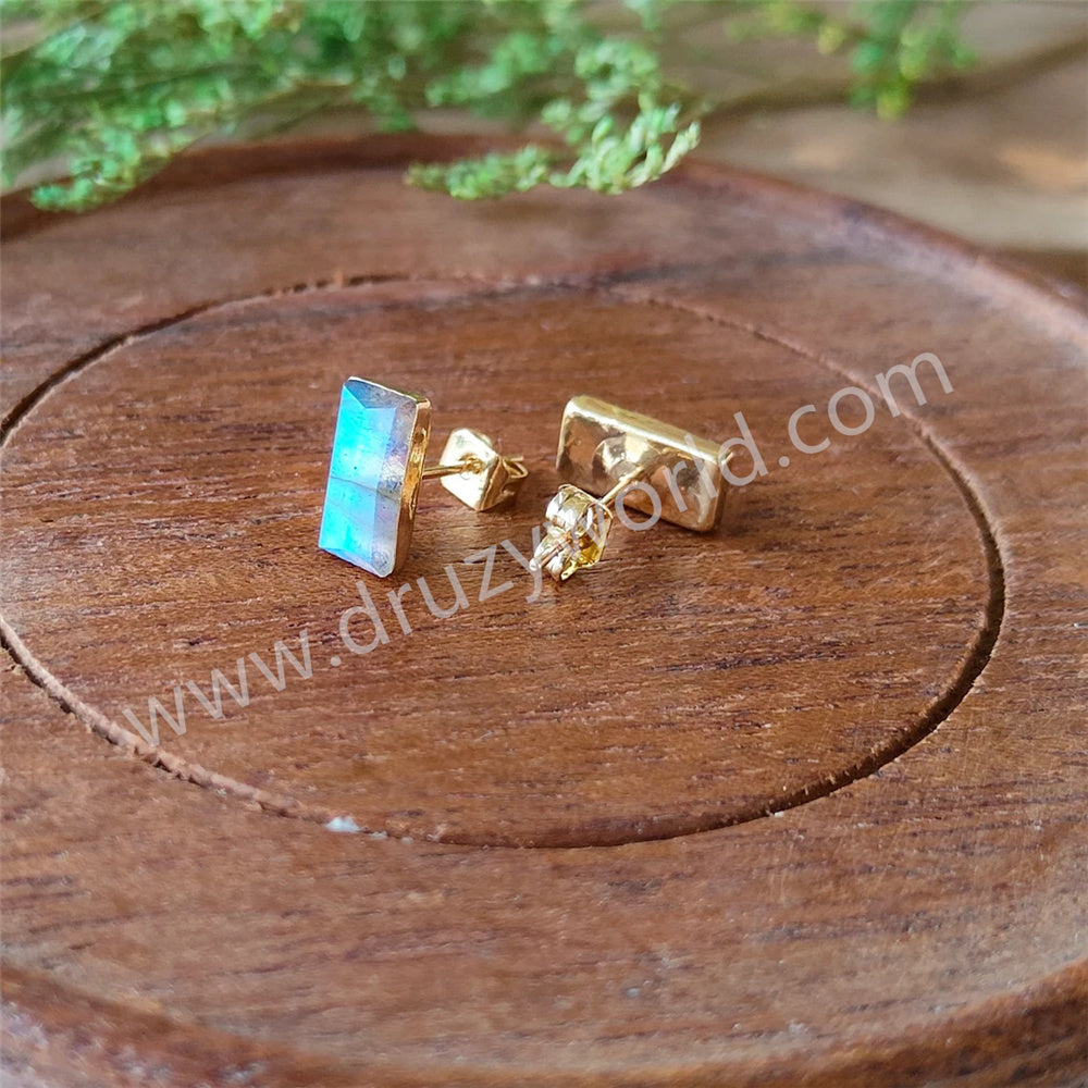 Gold Plated Rectangle Natural Labradorite Gemstone Faceted Stud Earrings G1298