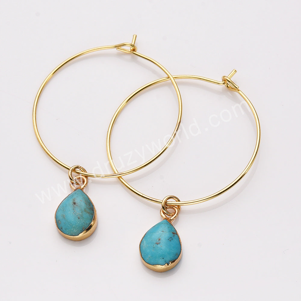 Gold Plated Drop Natural Pure Turquoise Hoop Dangle Earrings AL807