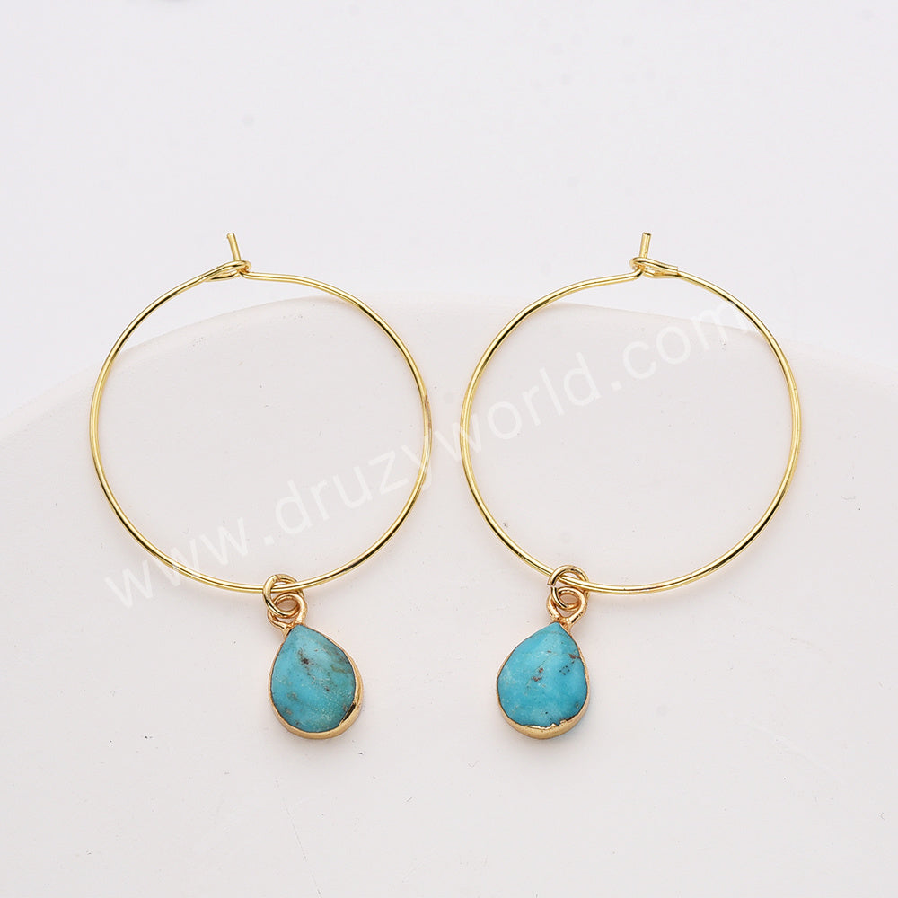 Gold Plated Drop Natural Pure Turquoise Hoop Dangle Earrings AL807