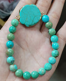 18K Natural Turquoise Slice With 8mm Beads Adjustable Bracelet Silver Plated S1625