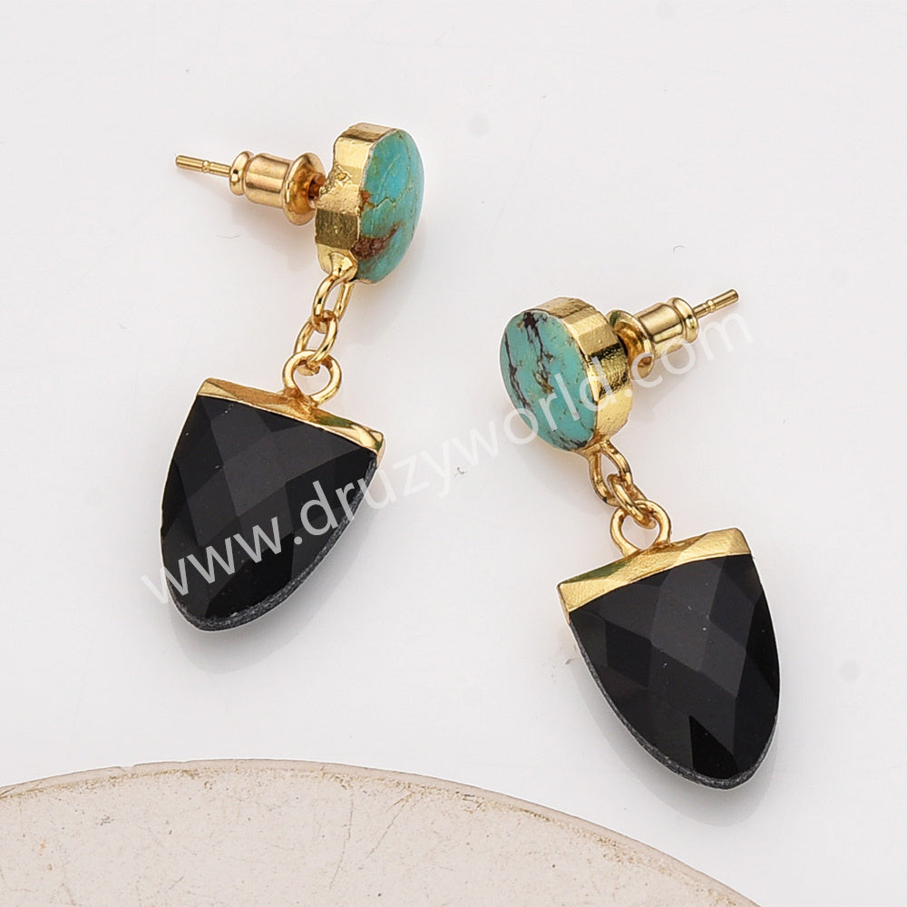 Irregular Natural Turquoise & Black Agate Faceted Dangle Earrings Gold Plated, Gemstone Jewelry Earrings AL953