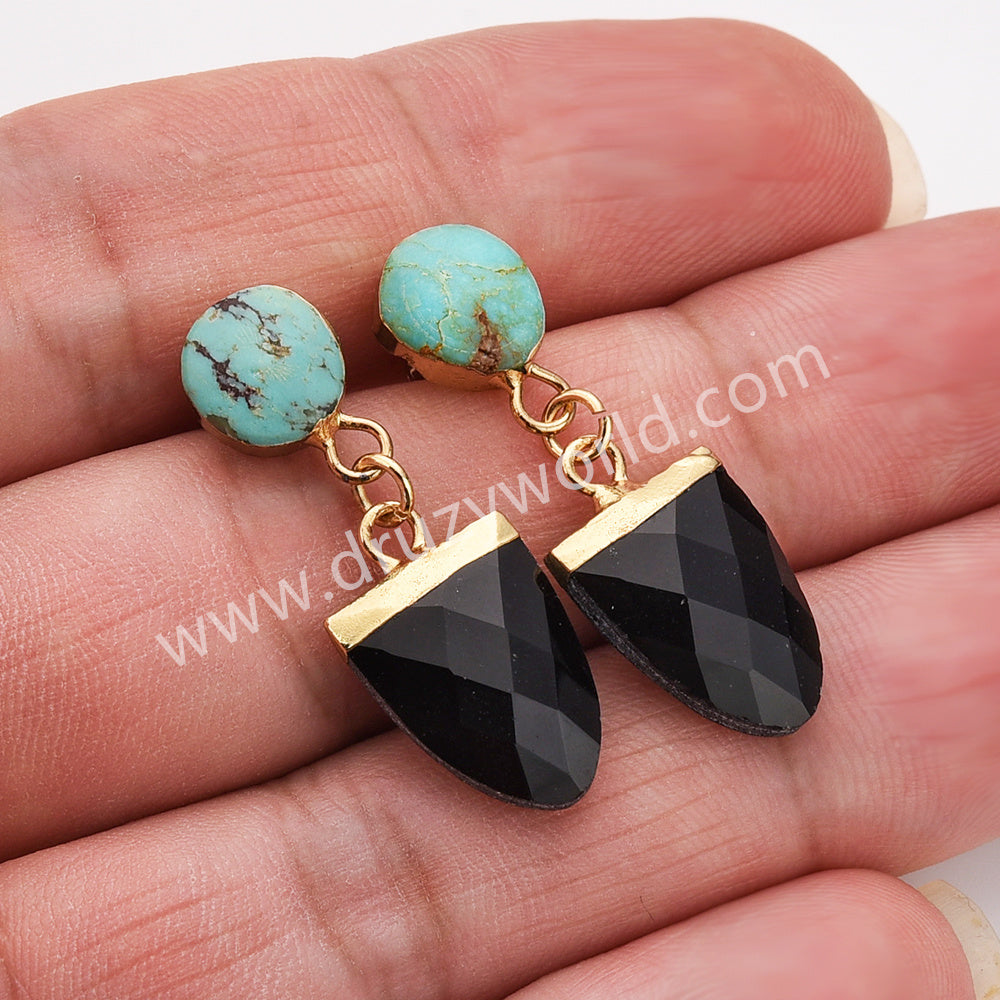 Irregular Natural Turquoise & Black Agate Faceted Dangle Earrings Gold Plated, Gemstone Jewelry Earrings AL953