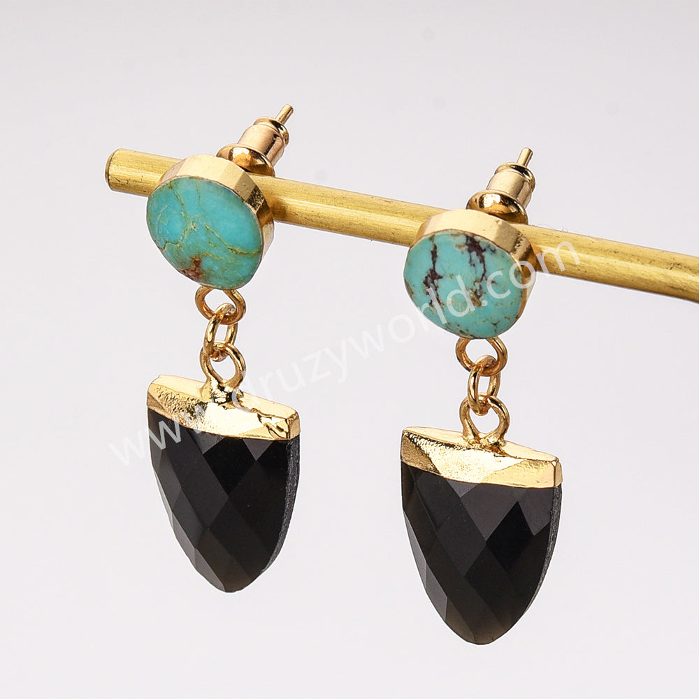 Irregular Natural Turquoise & Black Agate Faceted Dangle Earrings Gold Plated, Gemstone Jewelry Earrings AL953