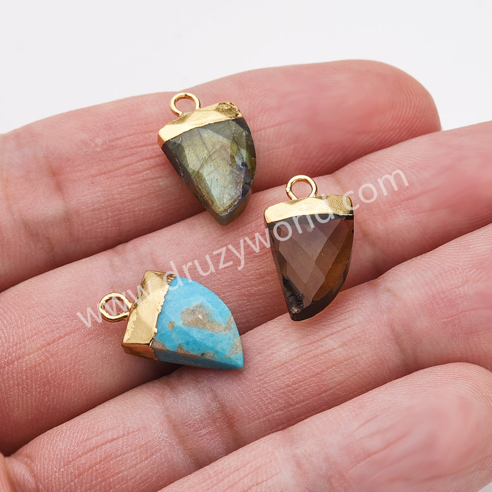 Small Gold Plated Black Agate Gemstone Faceted Horn Charm, Healing Crystal Stone Point Charm G1822