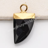 Small Horn Gold Plated Black Agate Gemstone Faceted Charm, Crystal Stone Horn Charms G1822