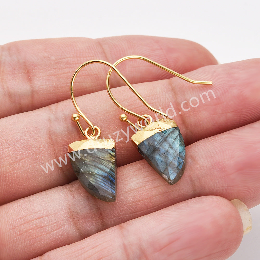 Horn Shape Gold Plated Gemstone Faceted Earrings, Labradorite Crystal Stone Horn Jewelry Earring G1822-E