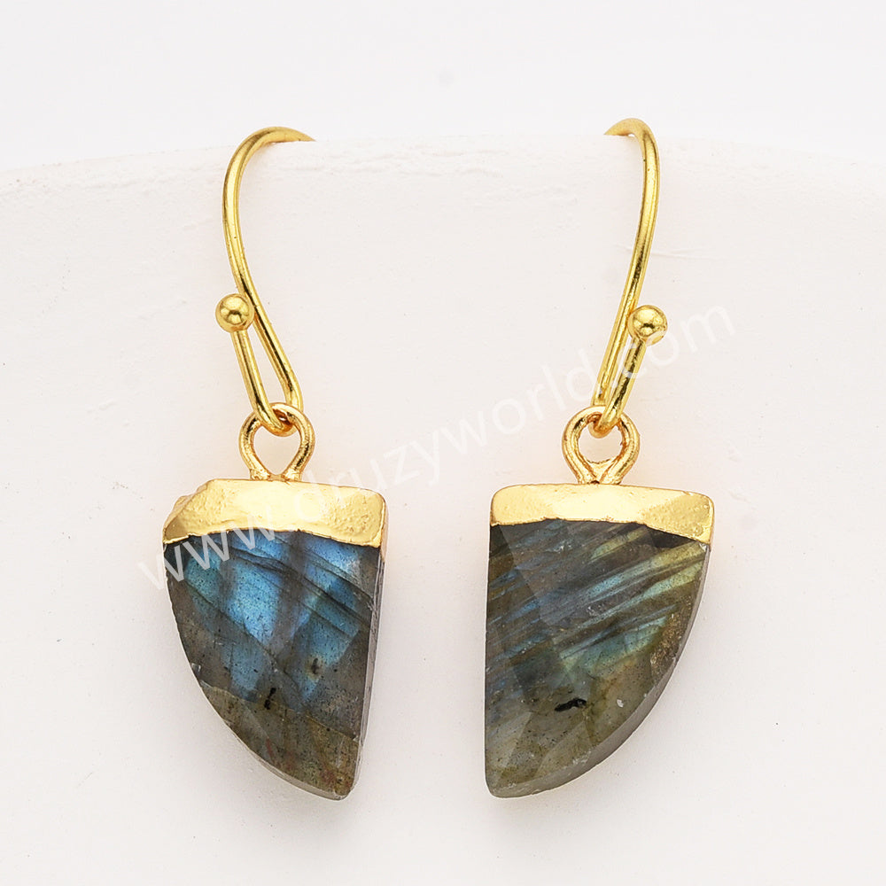 Horn Shape Gold Plated Gemstone Faceted Earrings, Labradorite Crystal Stone Horn Jewelry Earring G1822-E