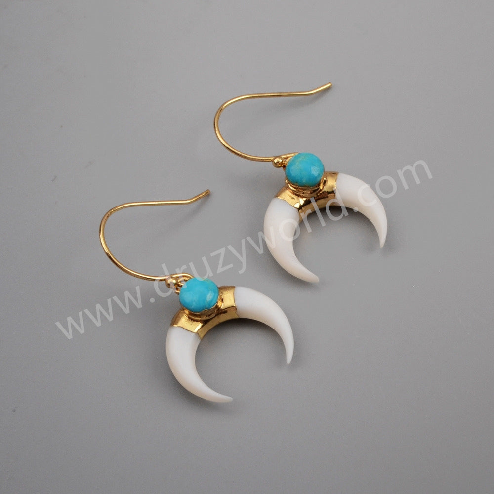 white shell moon earrings turquoise earrings
