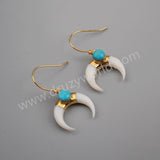 Boho Horn Gold Plated Natural White Shell & Round Turquoise Moon Earrings G1835