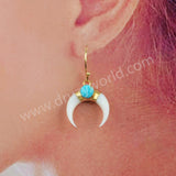 Boho Horn Gold Plated Natural White Shell & Round Turquoise Moon Earrings G1835