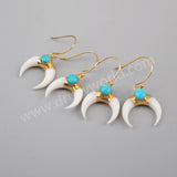 Boho Horn Gold Plated Natural White Shell & Round Turquoise Moon Earrings G1835