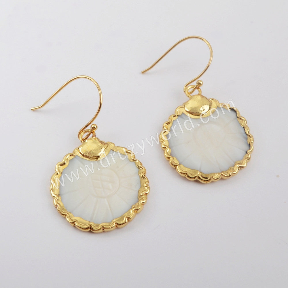 Gold Plated Round Flower White Shell Earrings G1905-E