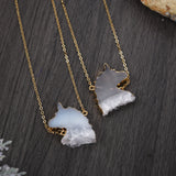 16" Gold Plated Unicorn Natural Agate Druzy Pendant Necklace, Crystal Healing Jewelry G1993-N
